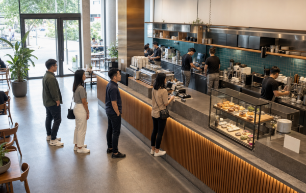 Cafe service flow showing entrance, customer queue, ordering counter and barista work zone