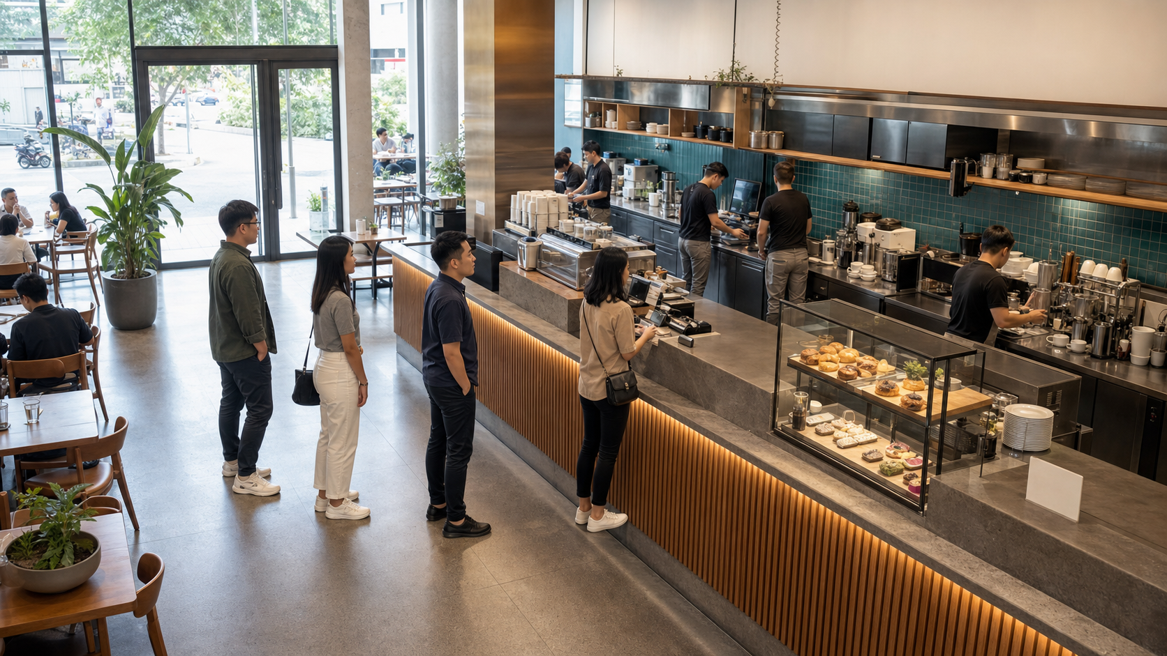 Cafe service flow showing entrance, customer queue, ordering counter and barista work zone