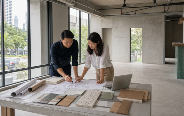 Two designers reviewing a cafe floor plan and material samples in an empty Kuala Lumpur commercial unit
