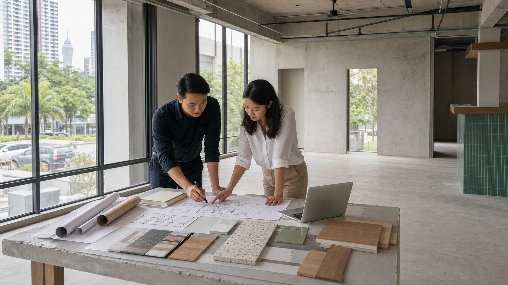 Two designers reviewing a cafe floor plan and material samples in an empty Kuala Lumpur commercial unit