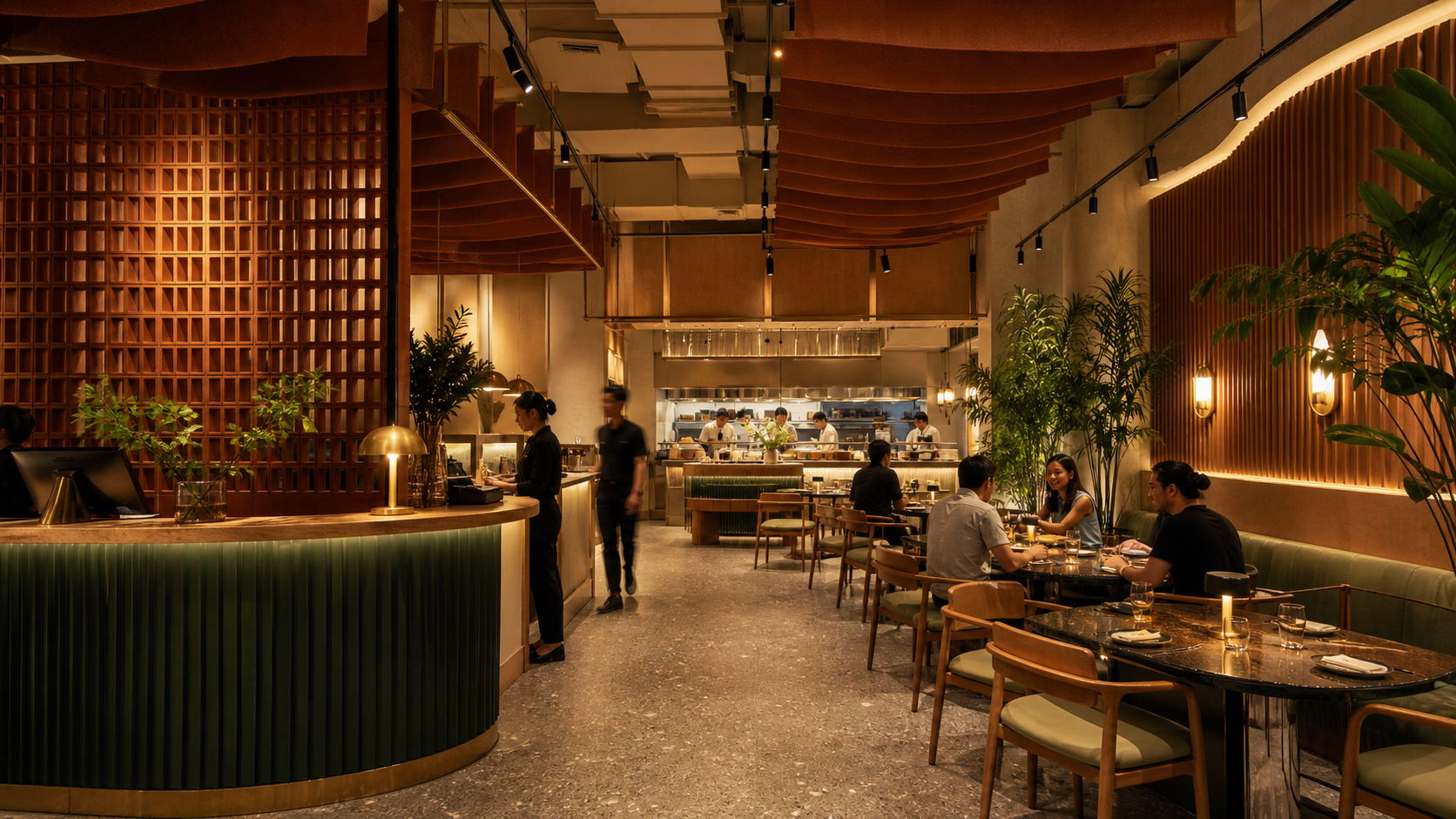 Contemporary Kuala Lumpur restaurant combining strong brand character with clear service circulation