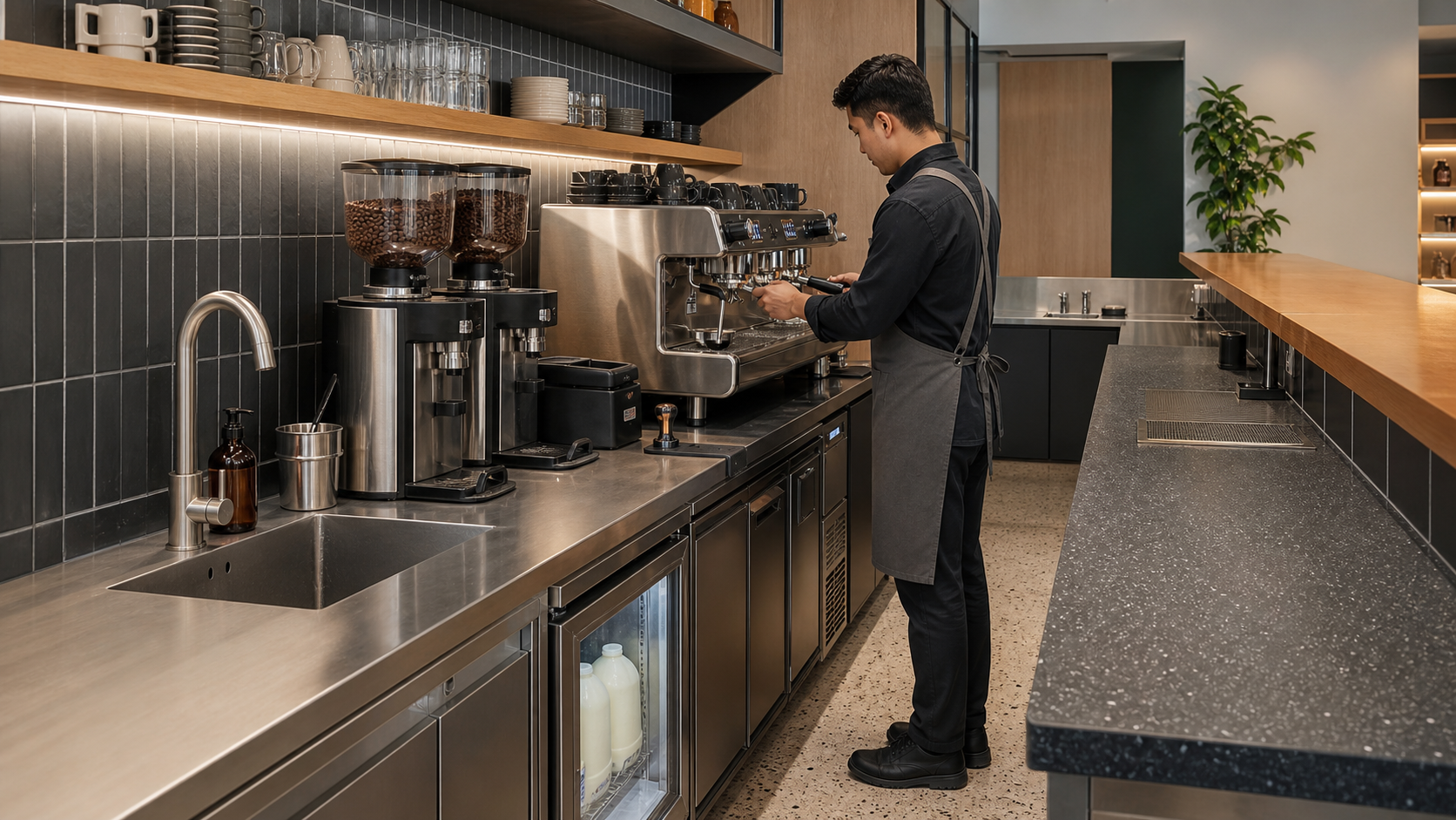 Barista work zone with espresso, grinding, washing and storage arranged in sequence