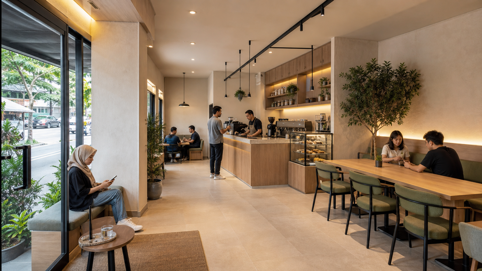 Compact cafe with a clear route from entrance to ordering counter and seating