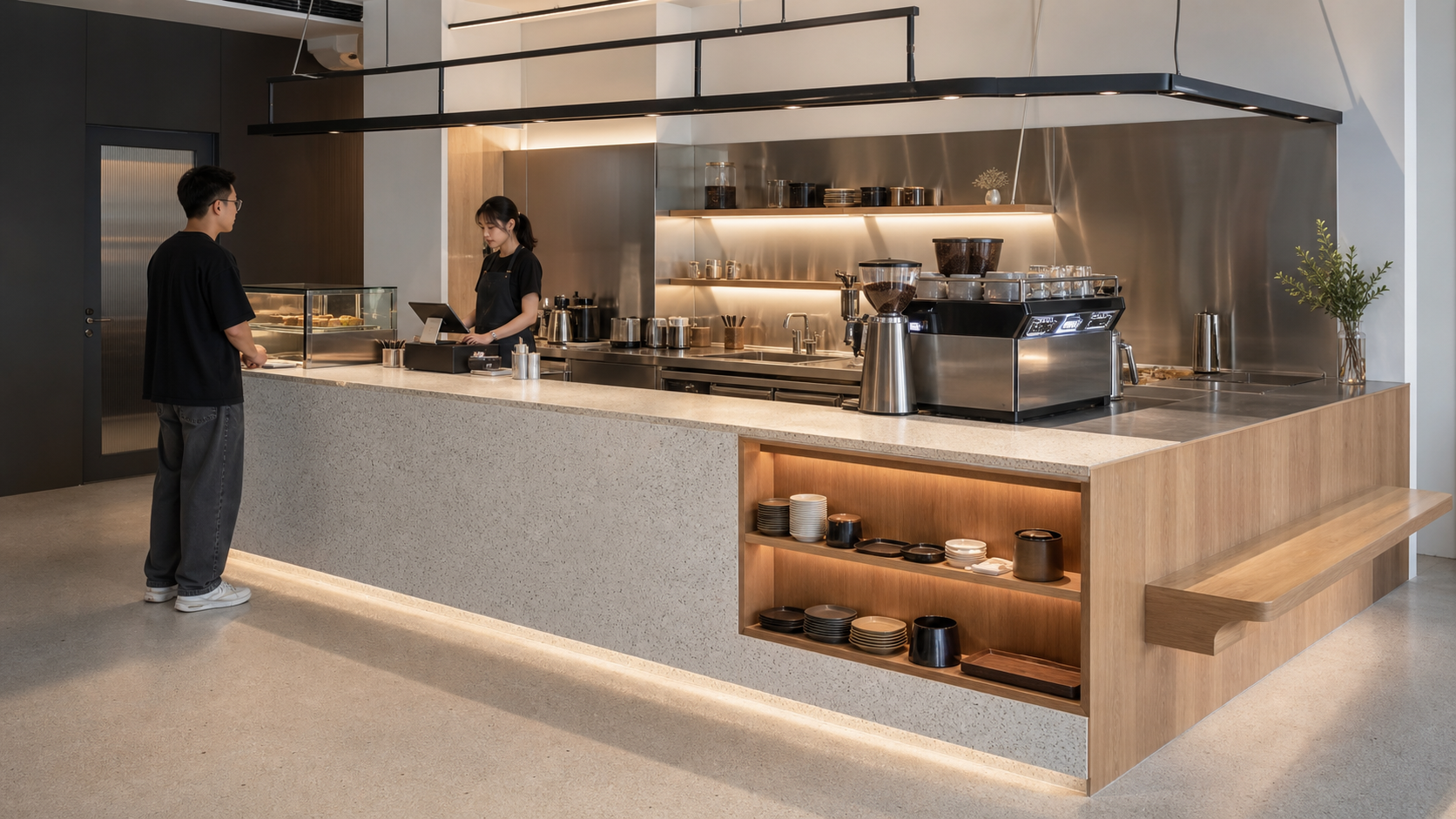 Cafe order and pickup counter with a legible work sequence