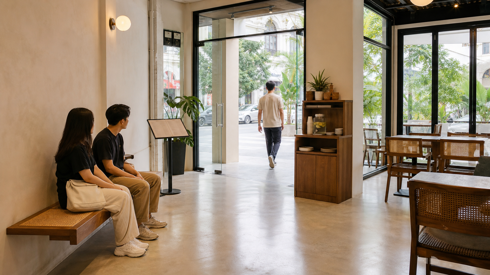 Cafe entrance and waiting zone with an unobstructed route to the door