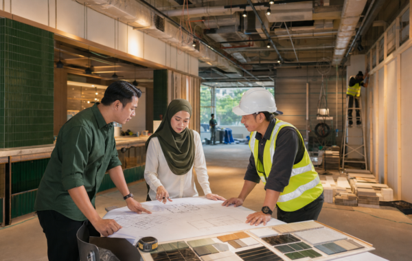 Restaurant owner, interior designer and fit-out contractor reviewing plans at a Kuala Lumpur restaurant site