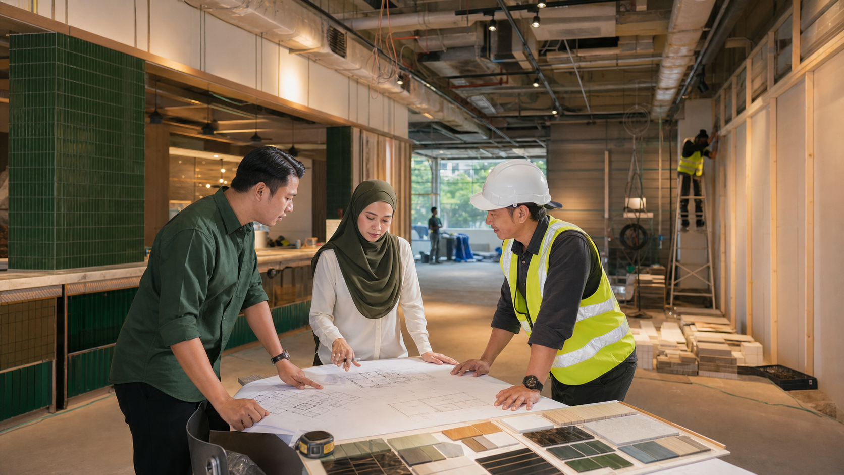 Restaurant owner, interior designer and fit-out contractor reviewing plans at a Kuala Lumpur restaurant site