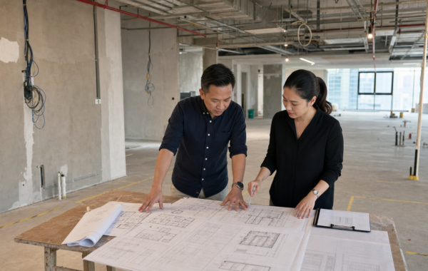 Restaurant owner and interior designer reviewing renovation plans at a Kuala Lumpur restaurant site