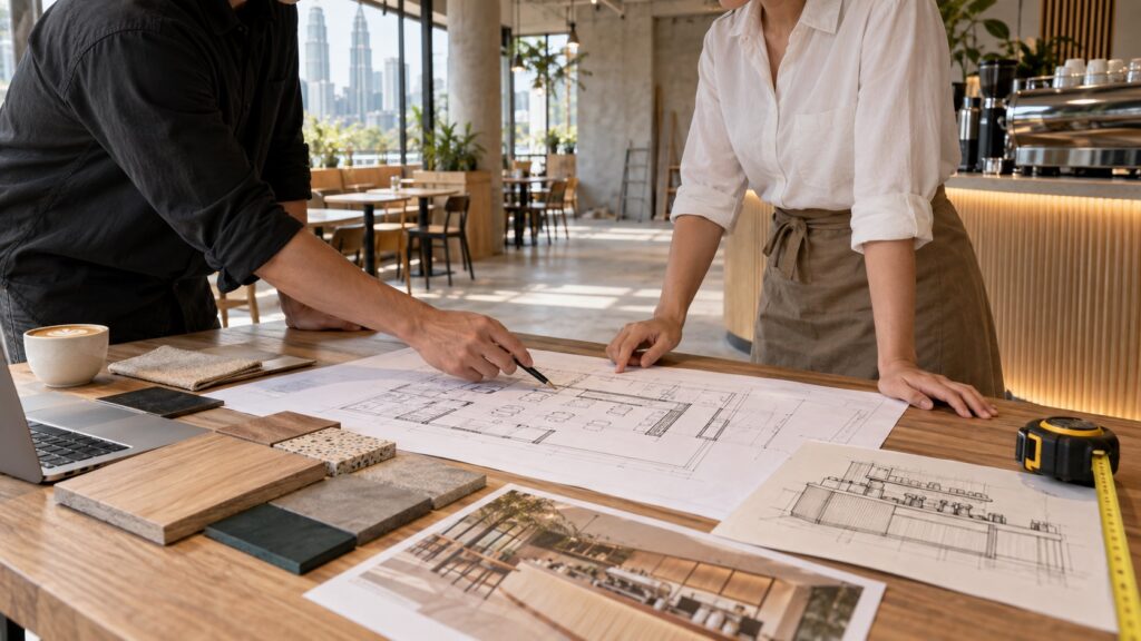 Cafe renovation planning with site survey, floor plan and material samples in Klang Valley