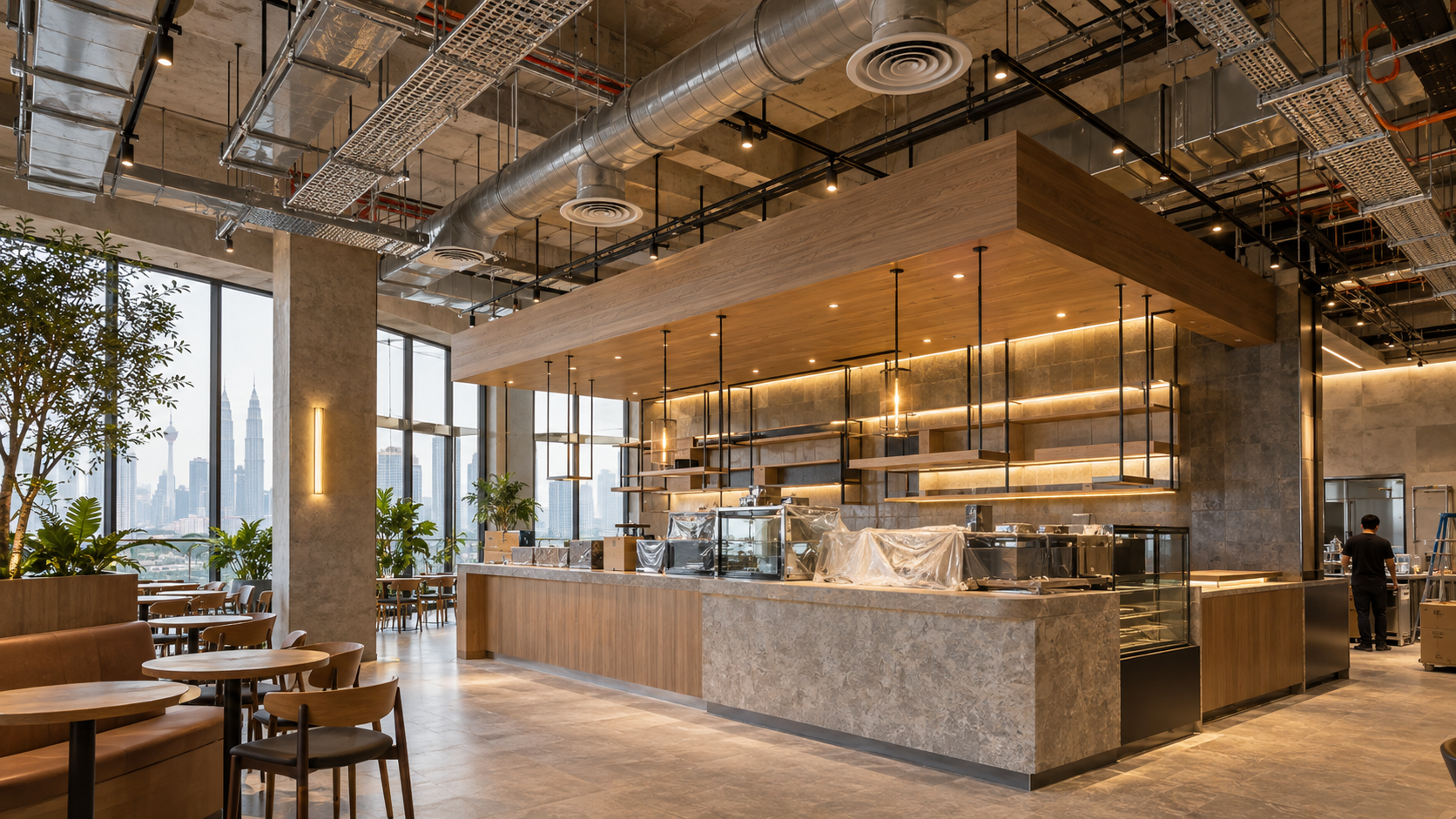 Cafe M&E coordination above a modern cafe counter in Klang Valley