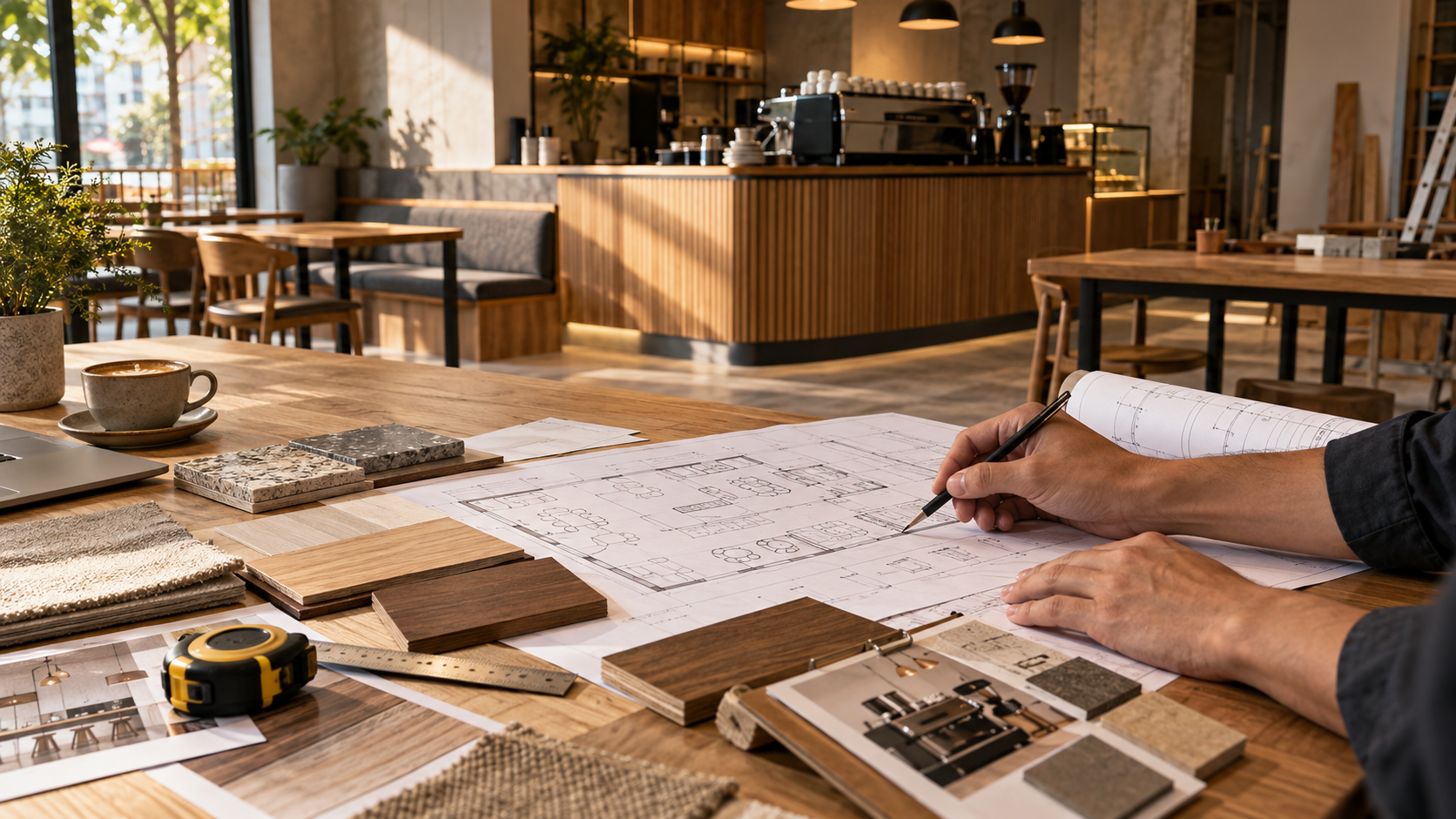 Cafe renovation budget planning with floor plans and material samples in Malaysia