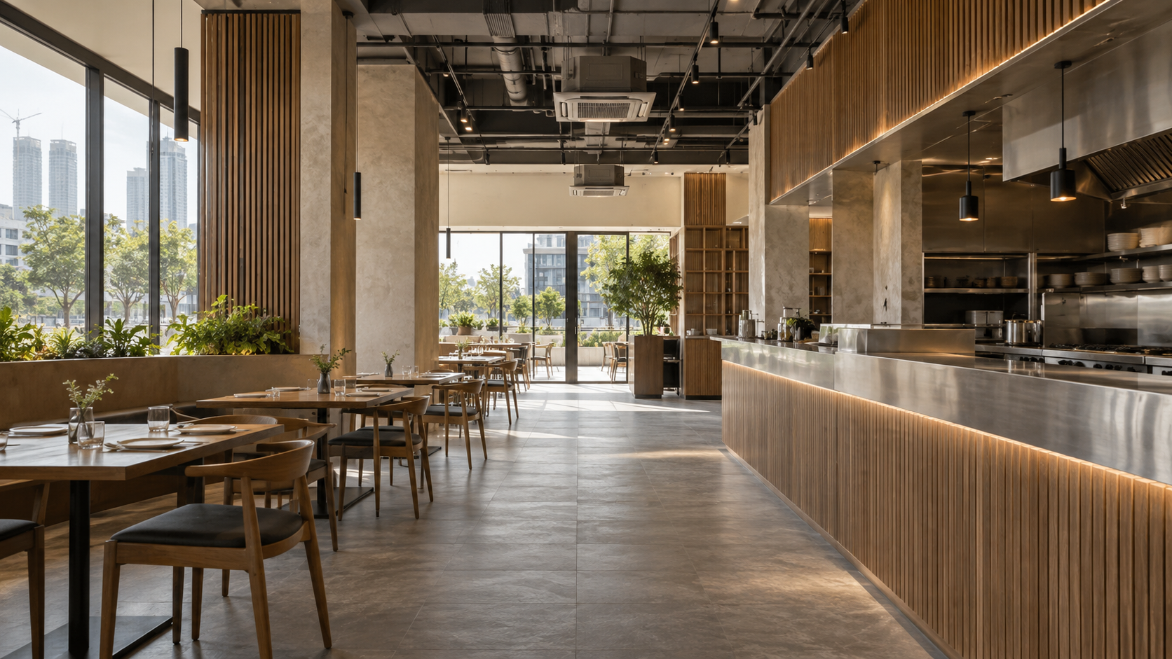 Illustrative restaurant fit-out with dining area, service counter and visible ceiling services