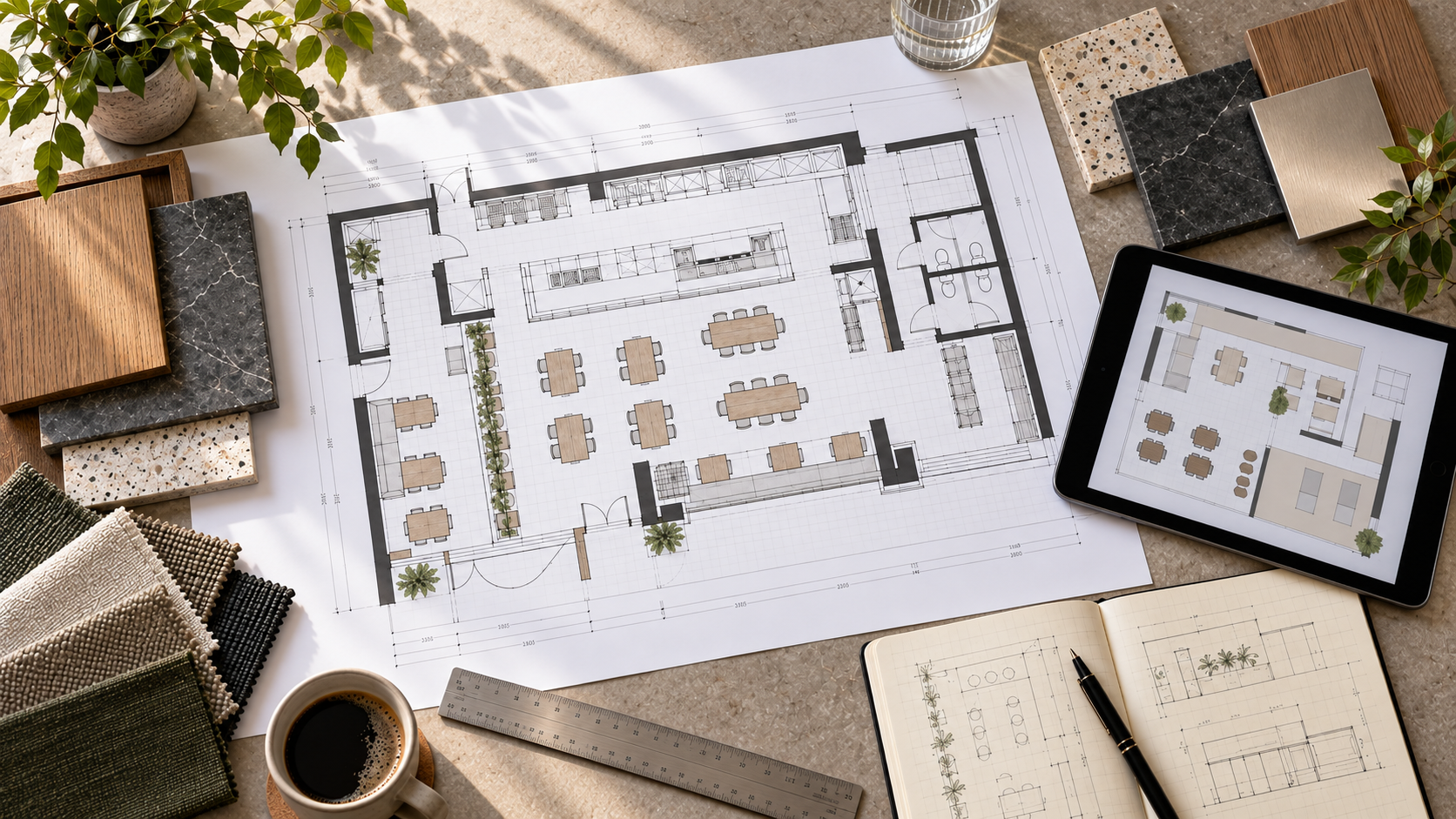 Restaurant floor plan and material samples for renovation budget planning in Malaysia