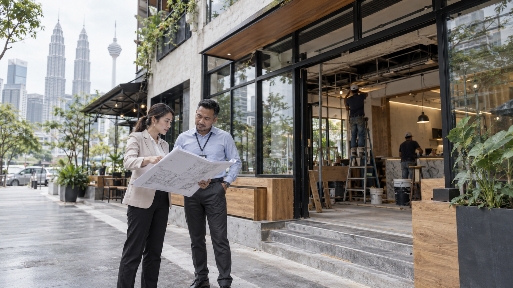 Architect and building manager reviewing cafe renovation approval drawings outside a Kuala Lumpur site