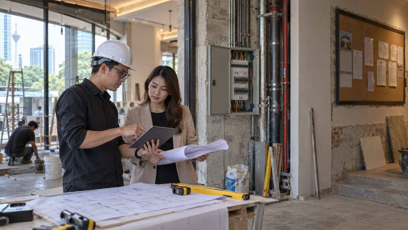 Architect and cafe owner reviewing renovation approval drawings beside a Kuala Lumpur retail unit