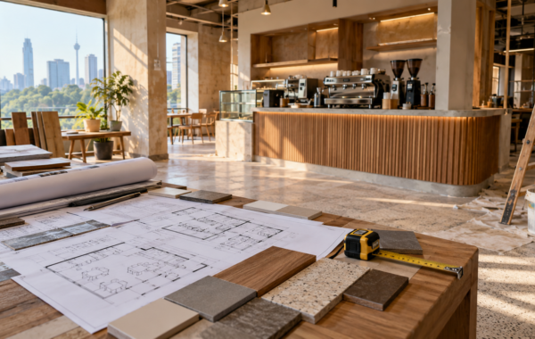 Cafe renovation planning table with drawings and material samples in a Klang Valley cafe