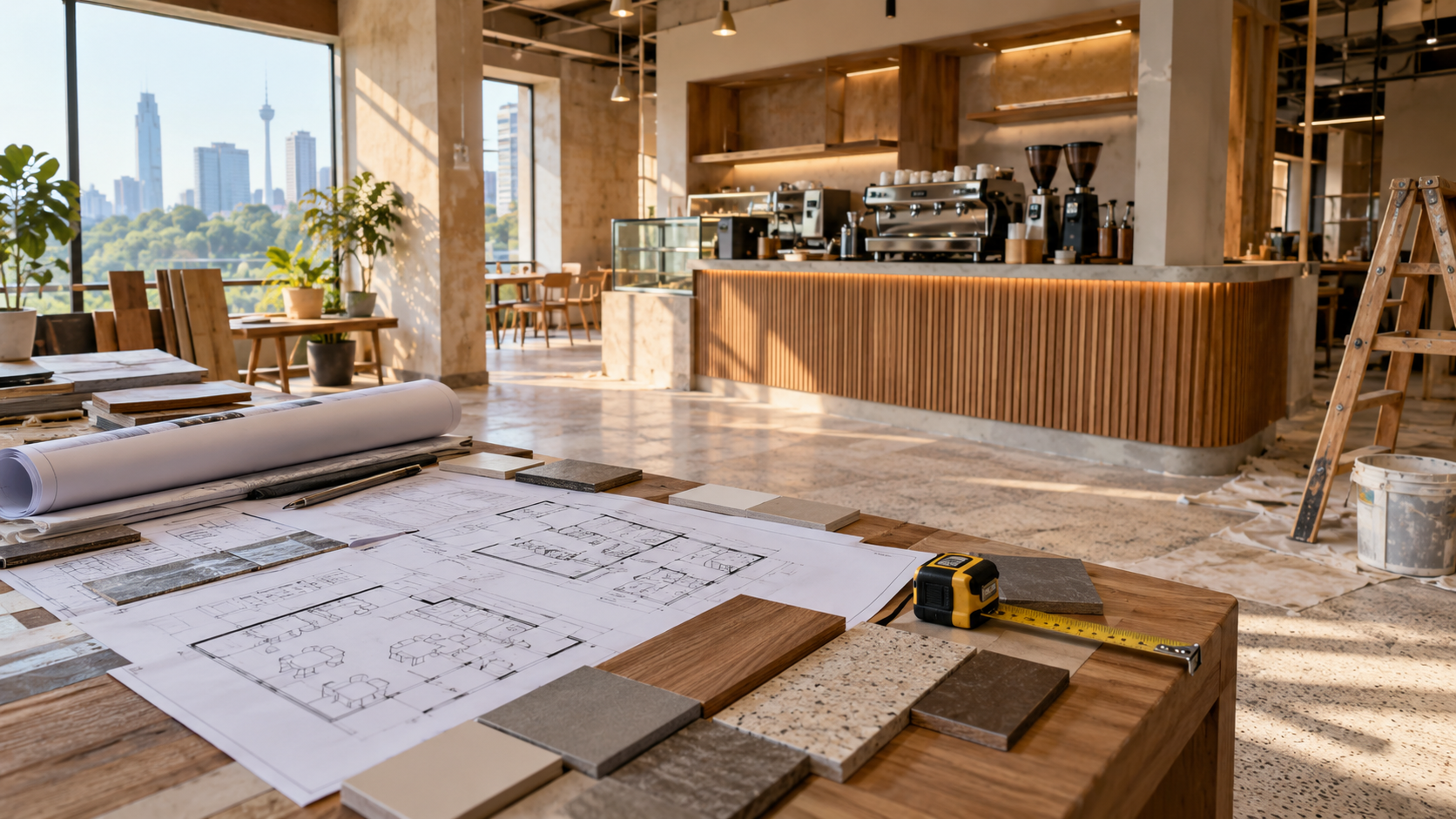 Cafe renovation planning table with drawings and material samples in a Klang Valley cafe