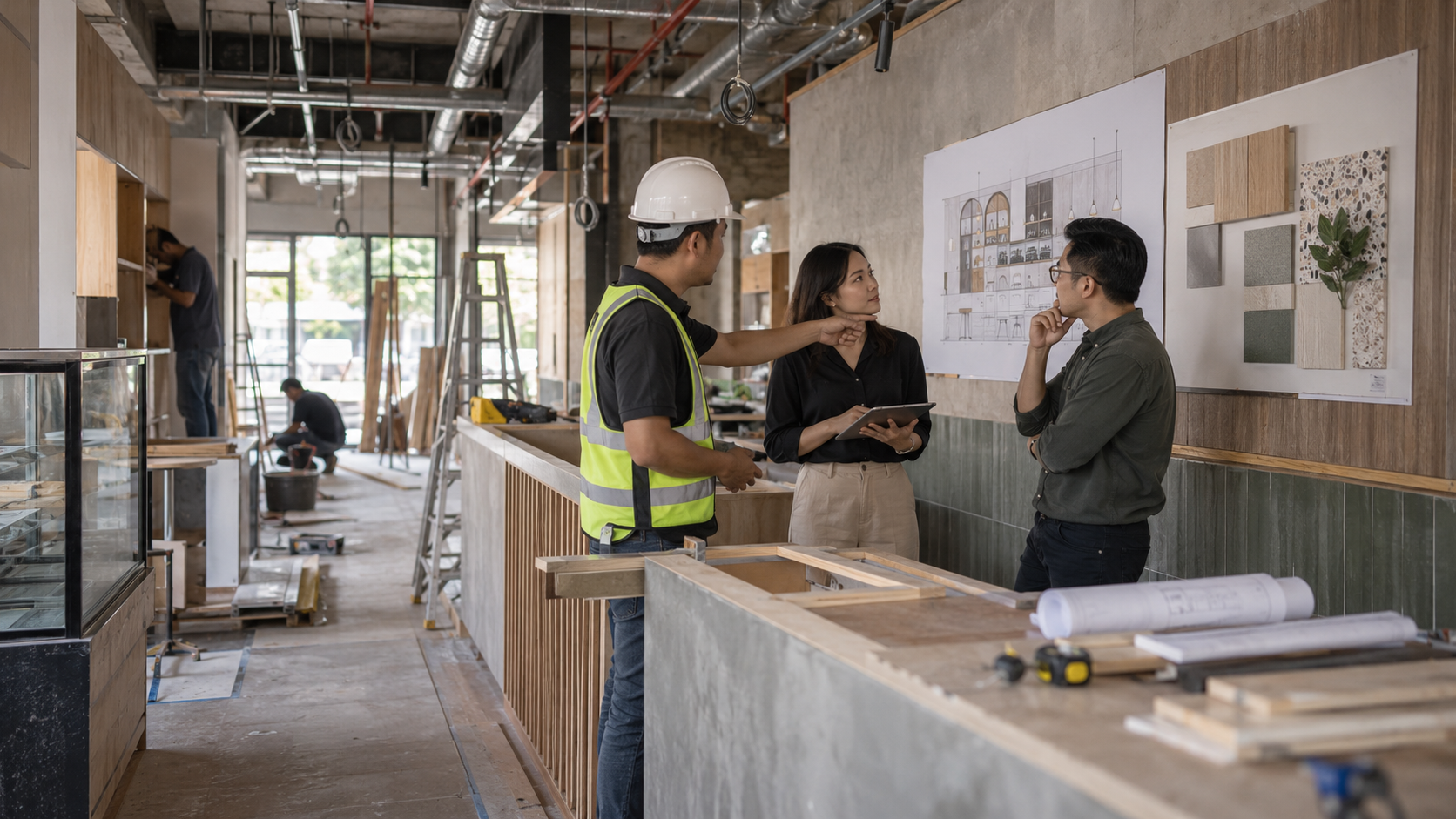 Cafe fit-out contractor, designer and owner coordinating counter installation