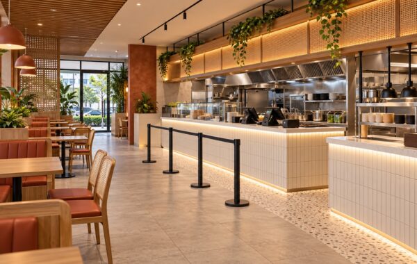 AI concept of a warm contemporary franchise restaurant with separate ordering and pickup areas