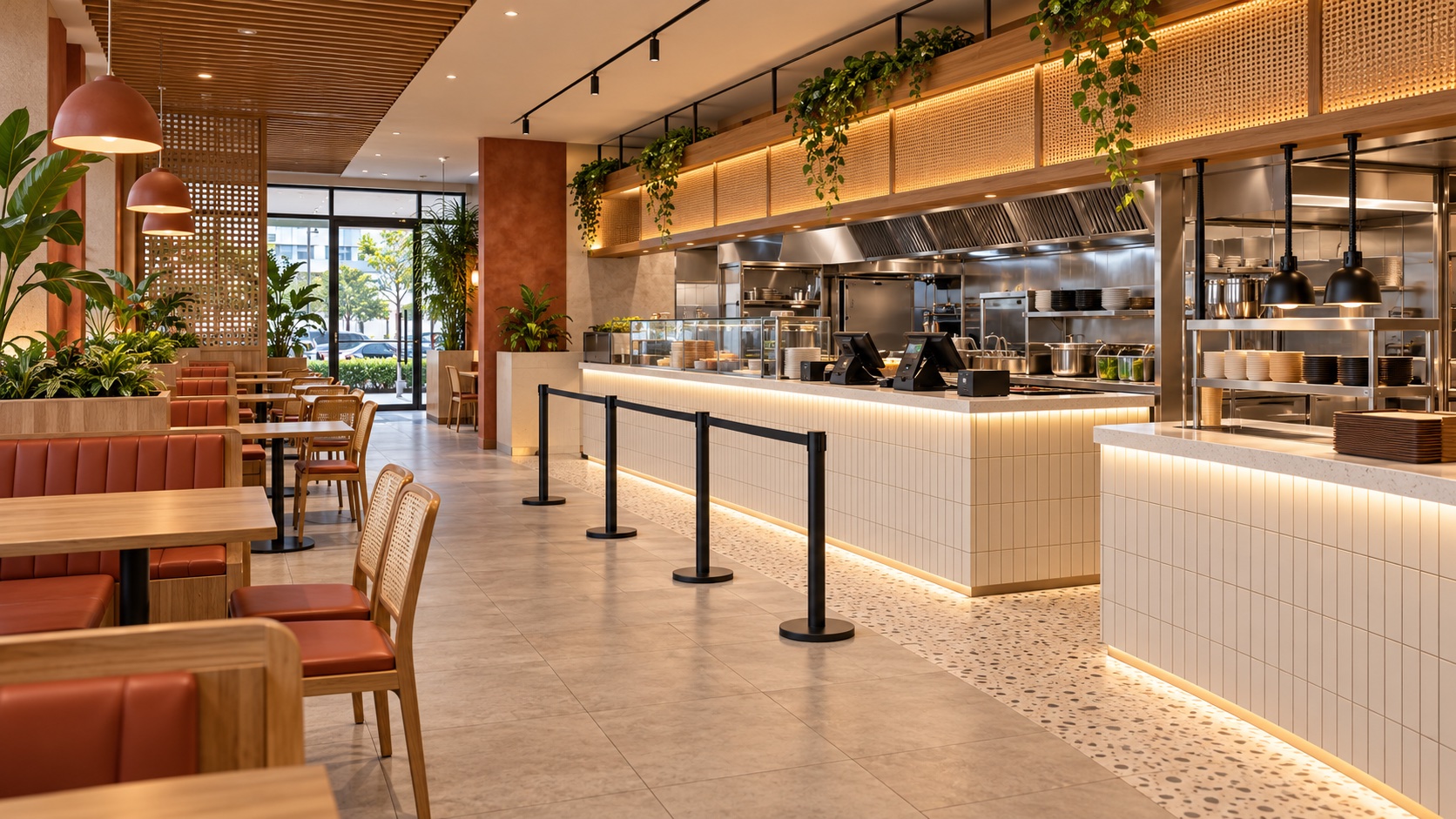 AI concept of a warm contemporary franchise restaurant with separate ordering and pickup areas
