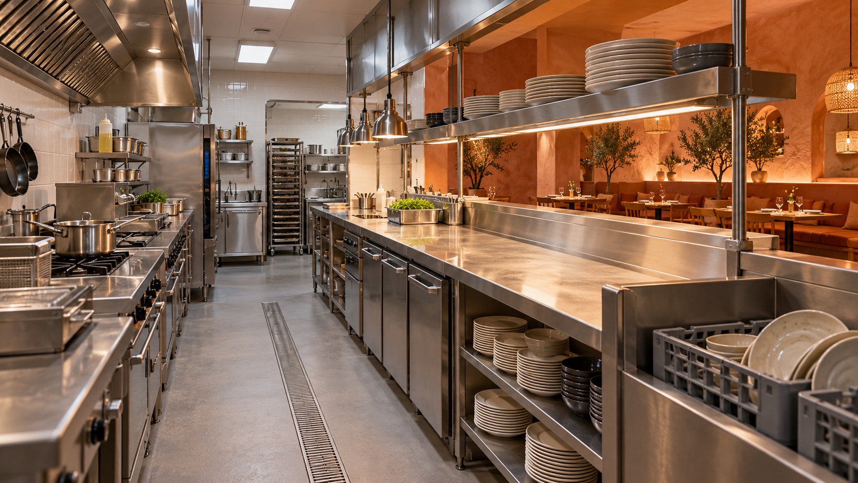 AI concept of a franchise restaurant kitchen and service pass