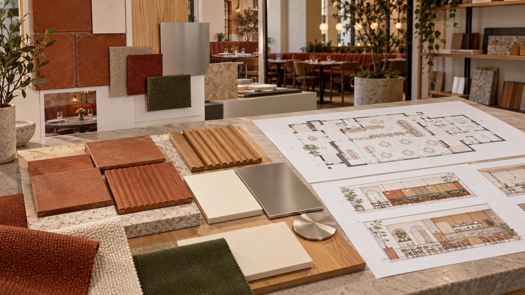 AI concept of restaurant material samples and fit-out drawings