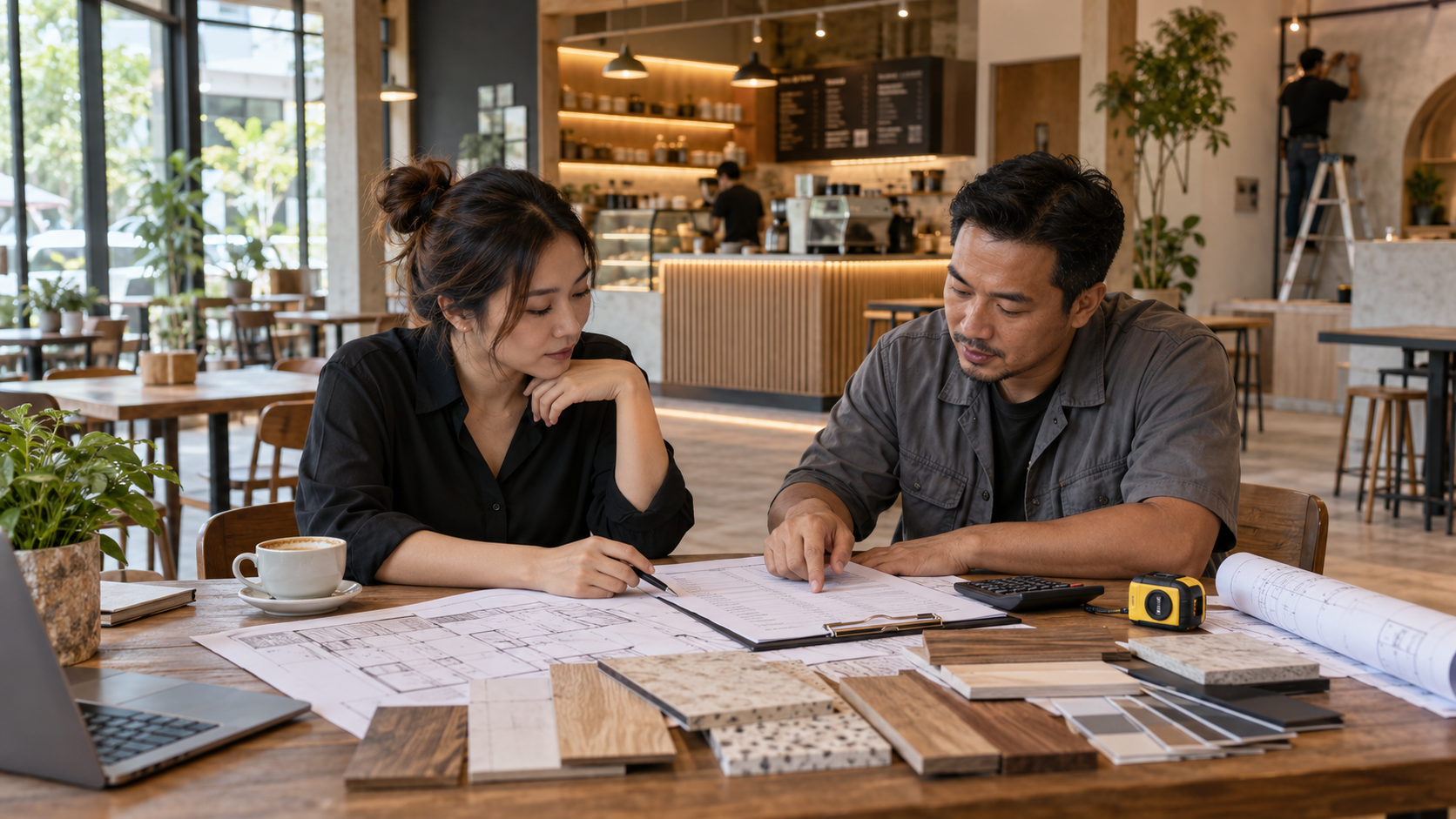 Cafe owner and contractor reviewing renovation quotation details and finish samples