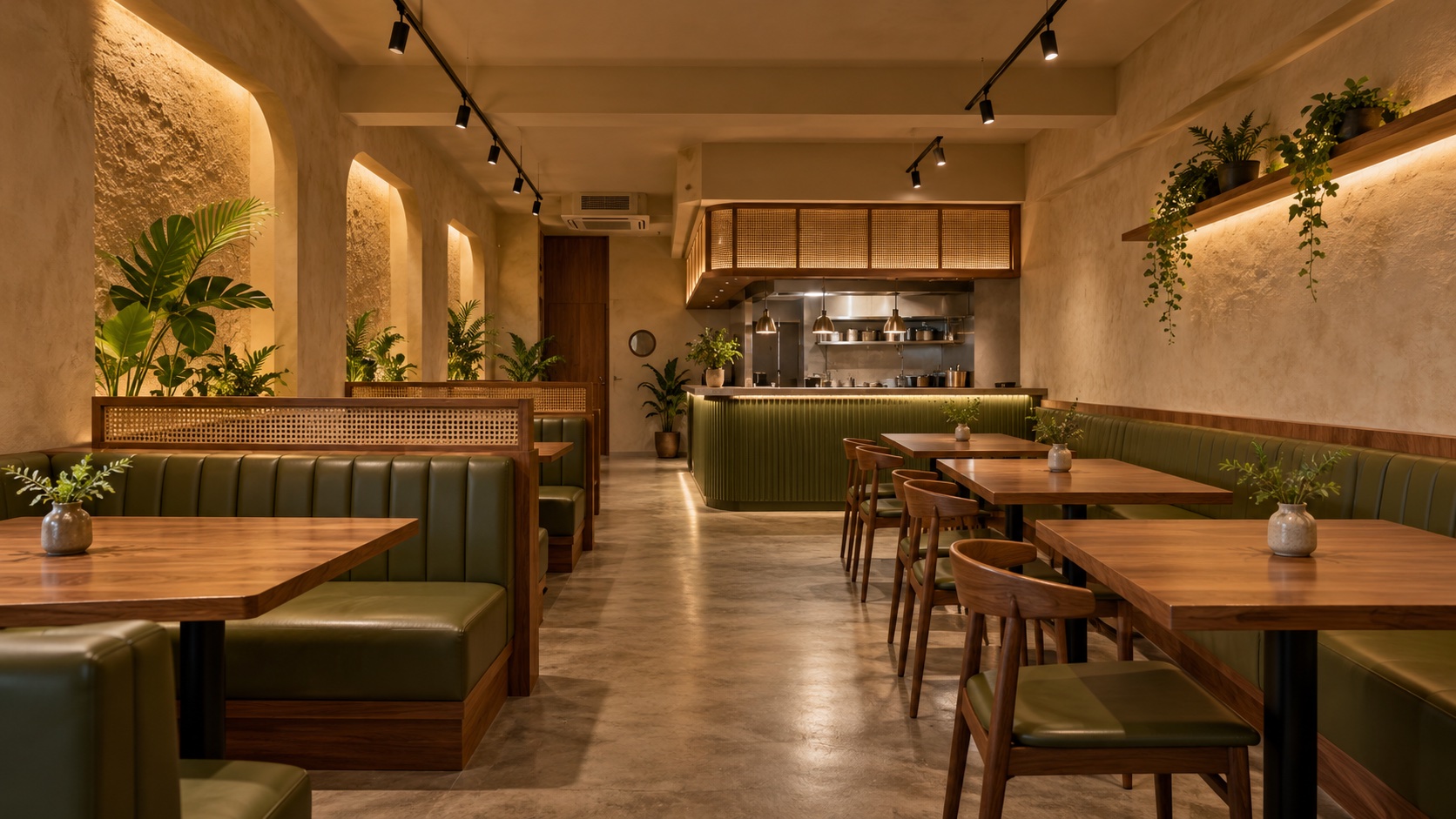 AI concept of a renovated restaurant with olive booths and a clear aisle